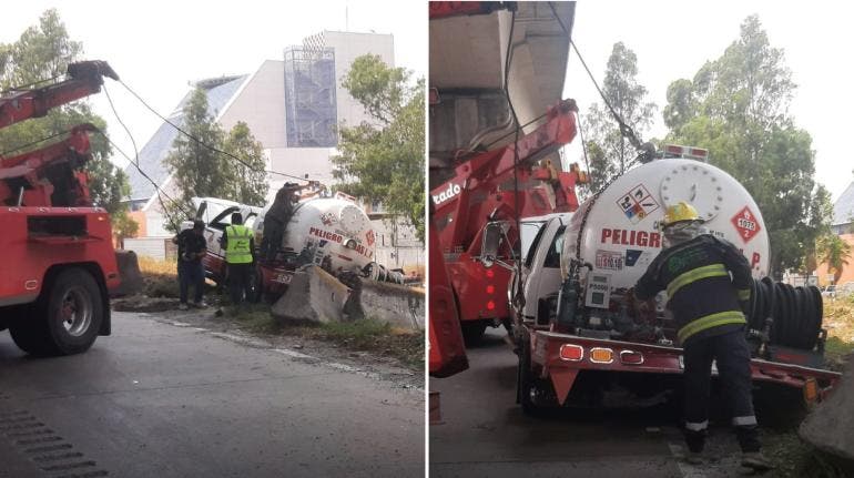 Autopista México-Puebla: Pipa choca contra pilar de segundo piso y deja dos personas heridas