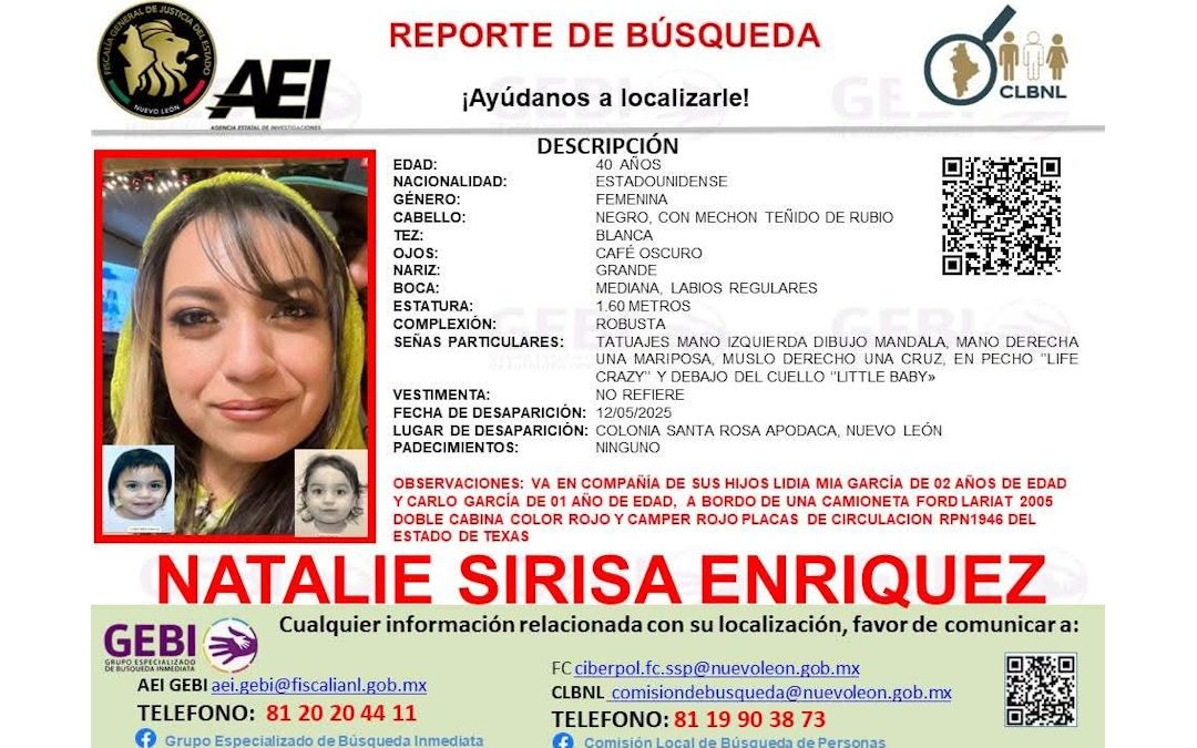 Reportan desaparición de una mujer estadounidense con sus dos hijos en Nuevo León