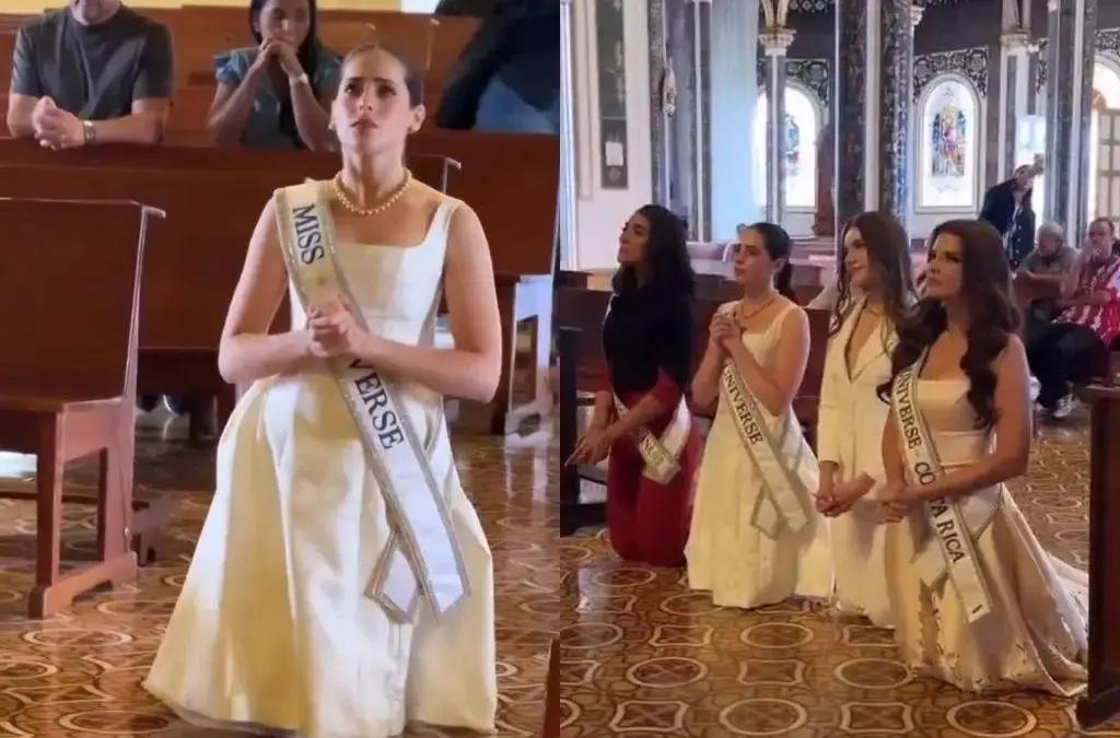 Miss Universo Fátima Bosch entra a la Basílica de rodillas