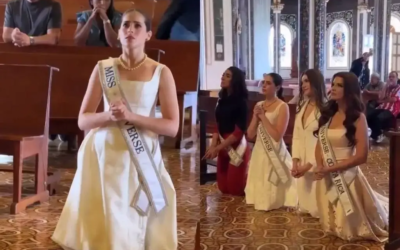 Miss Universo Fátima Bosch entra a la Basílica de rodillas